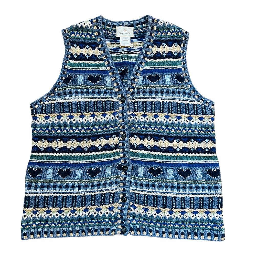 Vintage Hand Knit Sweater Vest Susan Bristol Wool Striped Fair Isle Small